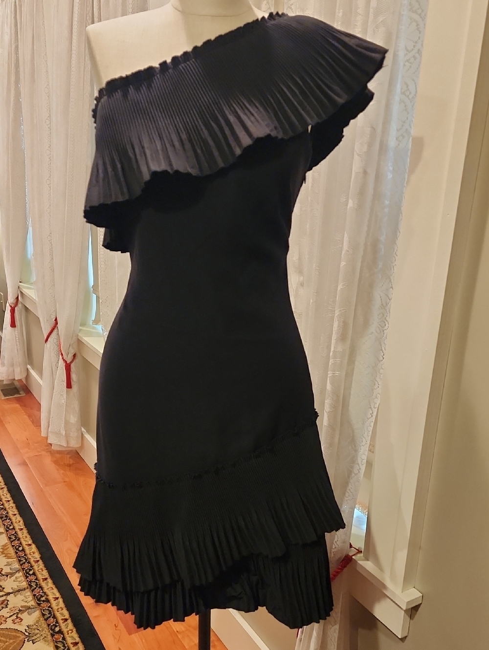 White House Black Market Black One-Shoulder Pleated Ruffle Cocktail Dress